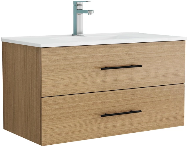 Alt view image 6 of 7 - 36 Inch Wall-Mounted Vanity with Sink Combo, Double Drawers Ceramic Sink Long Metal Handle Easy Installation, Natural