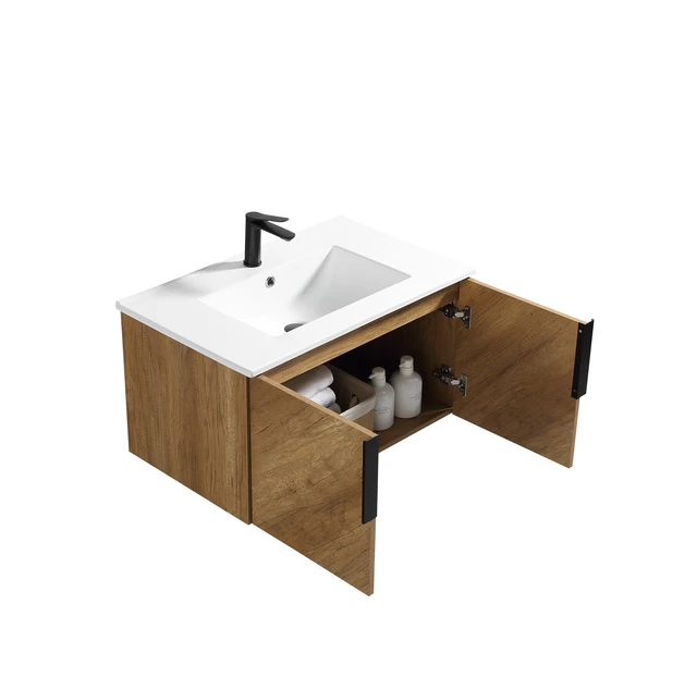 Alt view image 4 of 5 - 30 Inch Vanity Cabinet Without Sink Oak Wall Mounted Floating Vanity with Doors, Golden Oak, MDF, Vanities