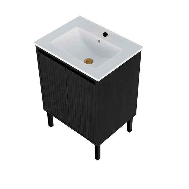 Alt view image 5 of 7 - 24 Inch Vanity Cabinet with Engineered Stone Sink Freestanding Fluted Vanity with Doors, Drain Faucet, Black, MDF