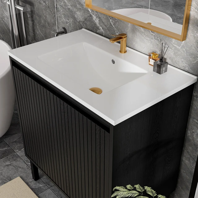 Alt view image 3 of 7 - 30 Inch Vanity Cabinet with Engineered Stone Sink Freestanding Fluted Vanity with Doors, Drain Faucet, Black, MDF