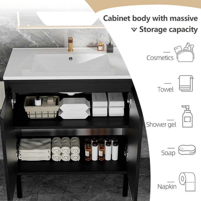 Alt view image 7 of 7 - 30 Inch Vanity Cabinet with Engineered Stone Sink Freestanding Fluted Vanity with Doors, Drain Faucet, Black, MDF