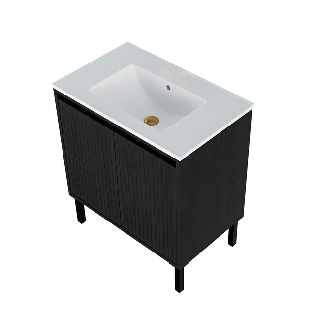 Alt view image 4 of 7 - 30 Inch Vanity Cabinet with Engineered Stone Sink Freestanding Fluted Vanity with Doors, Drain Faucet, Black, MDF