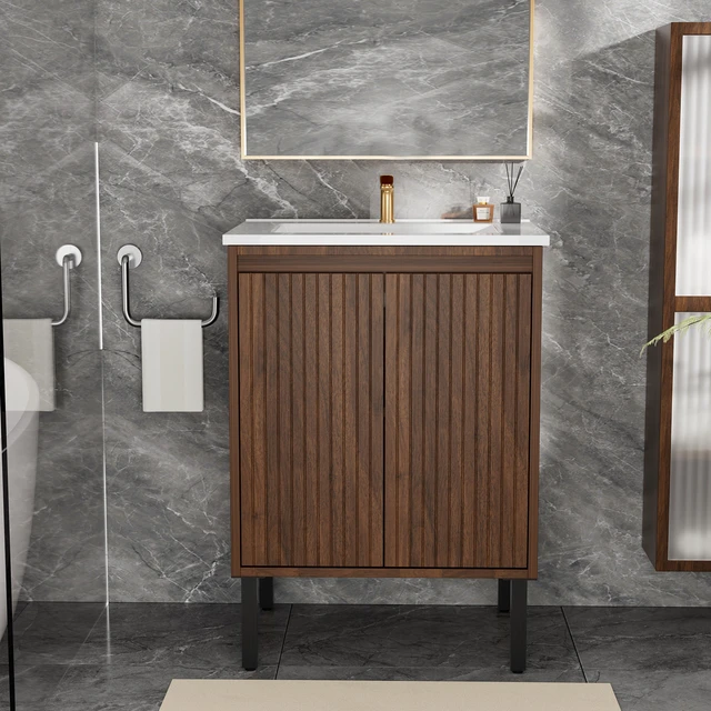 Alt view image 2 of 7 - 24 Inch Vanity Cabinet with Engineered Stone Sink Freestanding Fluted Vanity with Doors, Drain Faucet, Walnut, MDF