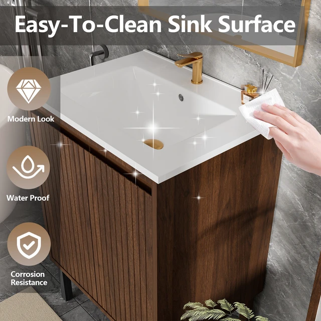 Alt view image 7 of 7 - 24 Inch Vanity Cabinet with Engineered Stone Sink Freestanding Fluted Vanity with Doors, Drain Faucet, Walnut, MDF