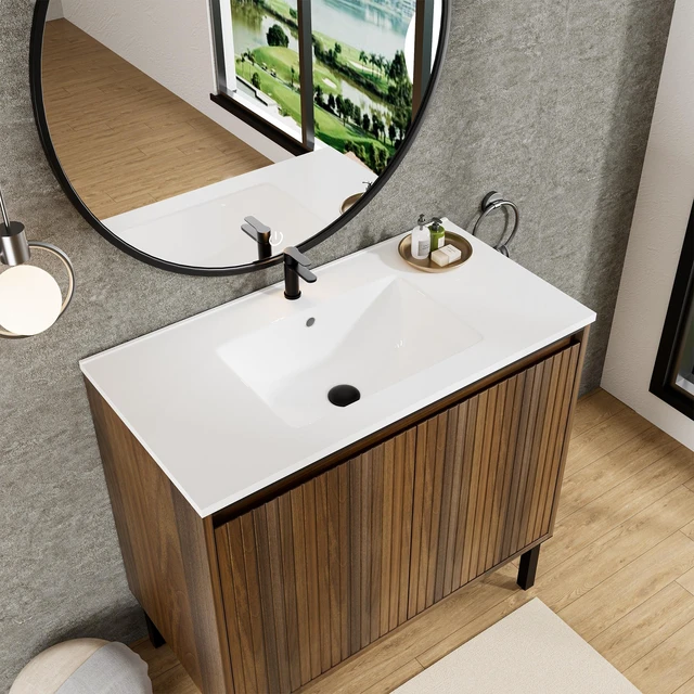 Main image of 36 Inch Vanity Cabinet with Engineered Stone Sink Freestanding Fluted Vanity with Doors, Drain Faucet, Walnut, MDF