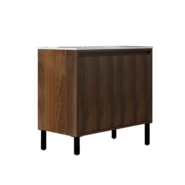 Alt view image 7 of 7 - 36 Inch Vanity Cabinet with Engineered Stone Sink Freestanding Fluted Vanity with Doors, Drain Faucet, Walnut, MDF