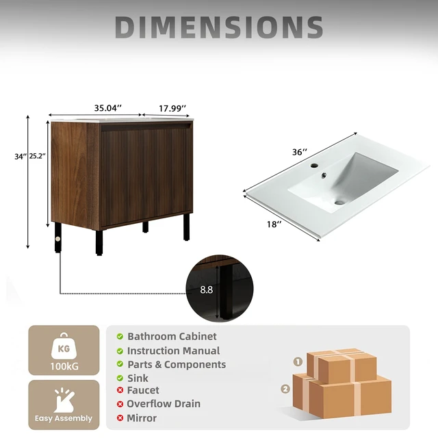 Alt view image 6 of 7 - 36 Inch Vanity Cabinet with Engineered Stone Sink Freestanding Fluted Vanity with Doors, Drain Faucet, Walnut, MDF