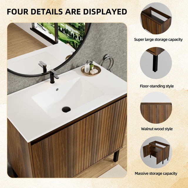 Alt view image 5 of 7 - 36 Inch Vanity Cabinet with Engineered Stone Sink Freestanding Fluted Vanity with Doors, Drain Faucet, Walnut, MDF