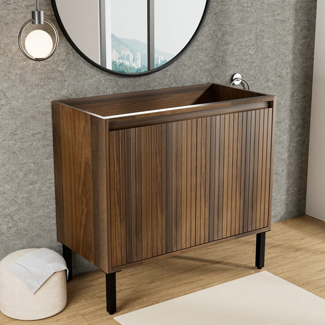 Alt view image 4 of 7 - 36 Inch Vanity Cabinet with Engineered Stone Sink Freestanding Fluted Vanity with Doors, Drain Faucet, Walnut, MDF