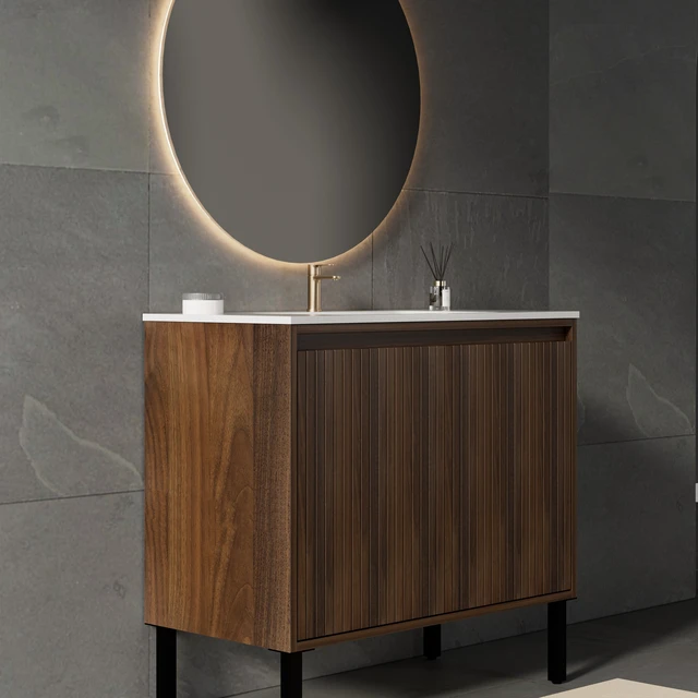Alt view image 2 of 7 - 36 Inch Vanity Cabinet with Engineered Stone Sink Freestanding Fluted Vanity with Doors, Drain Faucet, Walnut, MDF