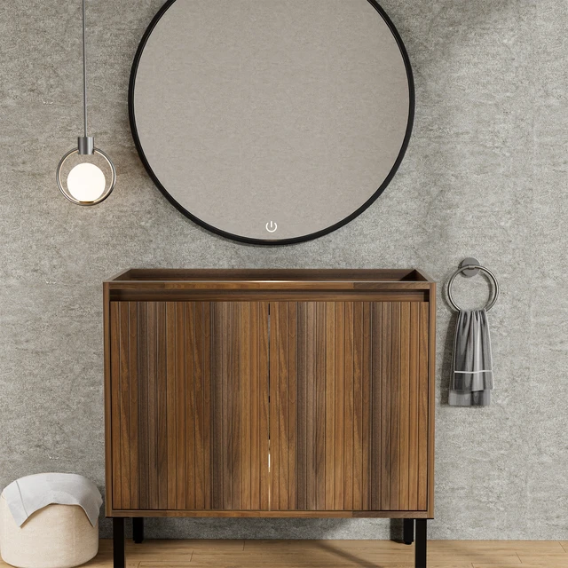 Alt view image 3 of 7 - 36 Inch Vanity Cabinet with Engineered Stone Sink Freestanding Fluted Vanity with Doors, Drain Faucet, Walnut, MDF
