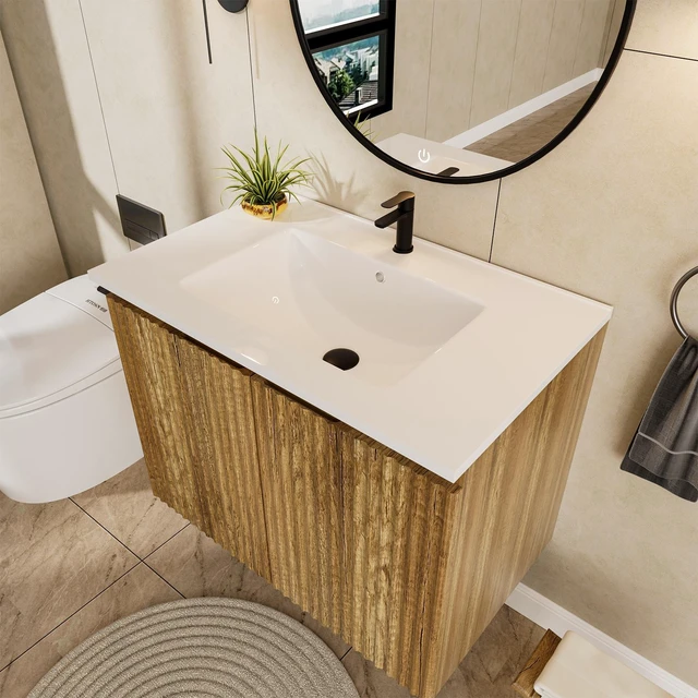 Main image of 24 Inch Vanity Cabinet with Engineered Stone Sink Oak Wall Mounted Floating Folding Vanity with Doors, Drain Faucet