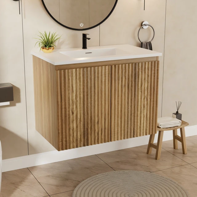 Alt view image 2 of 7 - 24 Inch Vanity Cabinet with Engineered Stone Sink Oak Wall Mounted Floating Folding Vanity with Doors, Drain Faucet