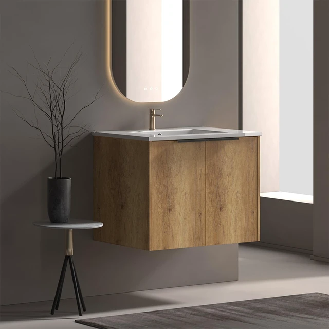 Main image of 30 Inch Vanity Cabinet with Engineered Stone Sink Oak Wall Mounted Floating Vanity with Doors, Drain Faucet, Golden