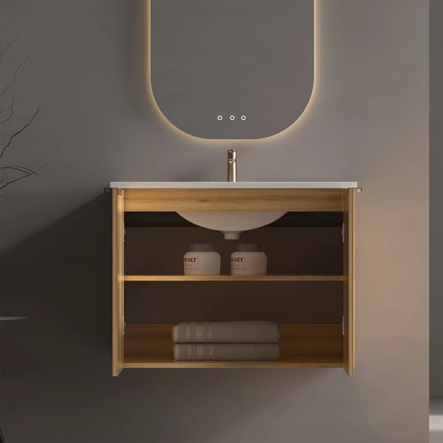 Alt view image 5 of 7 - 30 Inch Vanity Cabinet with Engineered Stone Sink Oak Wall Mounted Floating Vanity with Doors, Drain Faucet, Golden