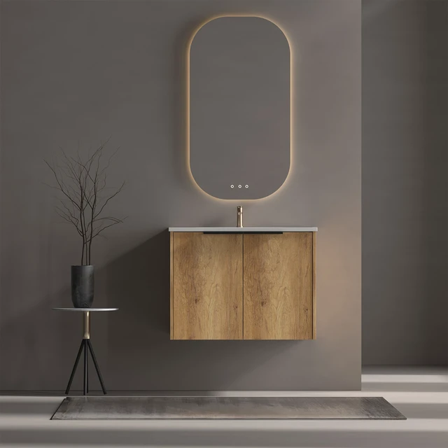 Alt view image 2 of 7 - 30 Inch Vanity Cabinet with Engineered Stone Sink Oak Wall Mounted Floating Vanity with Doors, Drain Faucet, Golden