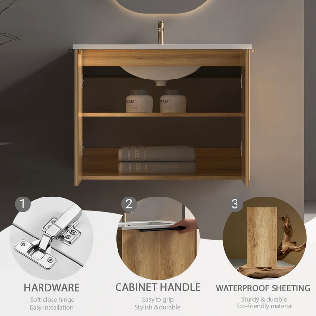 Alt view image 4 of 7 - 30 Inch Vanity Cabinet with Engineered Stone Sink Oak Wall Mounted Floating Vanity with Doors, Drain Faucet, Golden
