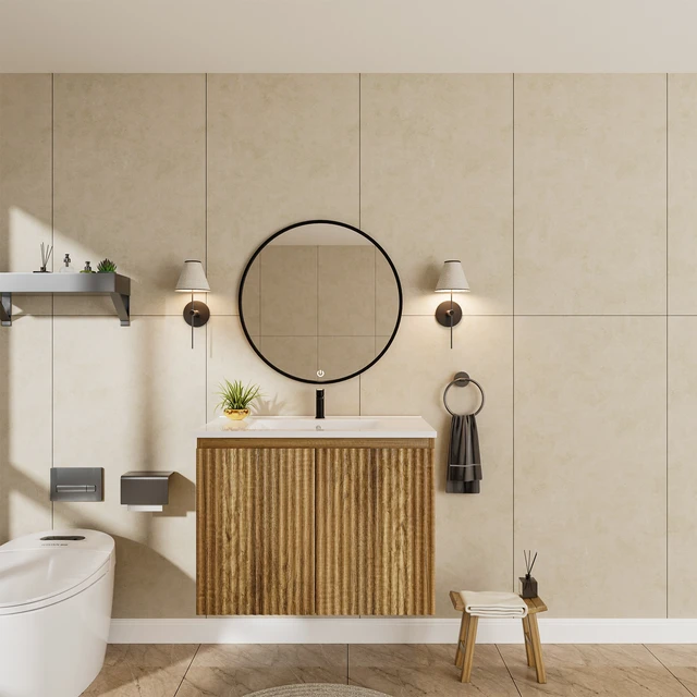 Alt view image 5 of 7 - 24 Inch Vanity Cabinet with Engineered Stone Sink Oak Wall Mounted Floating Folding Vanity with Doors, Drain Faucet