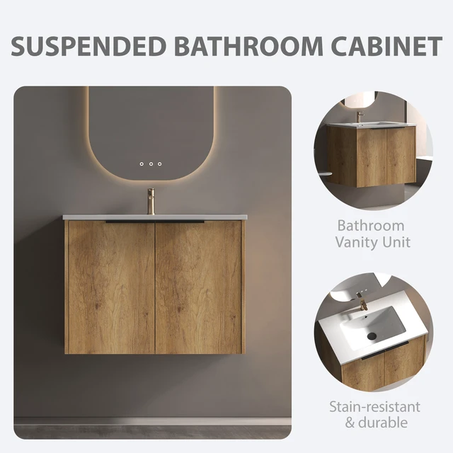 Alt view image 6 of 7 - 30 Inch Vanity Cabinet with Engineered Stone Sink Oak Wall Mounted Floating Vanity with Doors, Drain Faucet, Golden