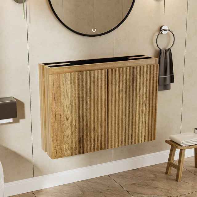 Alt view image 4 of 7 - 24 Inch Vanity Cabinet with Engineered Stone Sink Oak Wall Mounted Floating Folding Vanity with Doors, Drain Faucet