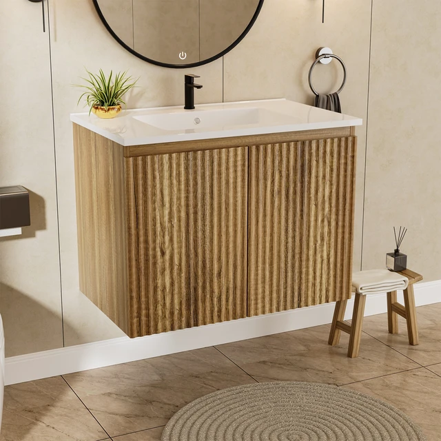 Alt view image 6 of 7 - 24 Inch Vanity Cabinet with Engineered Stone Sink Oak Wall Mounted Floating Folding Vanity with Doors, Drain Faucet