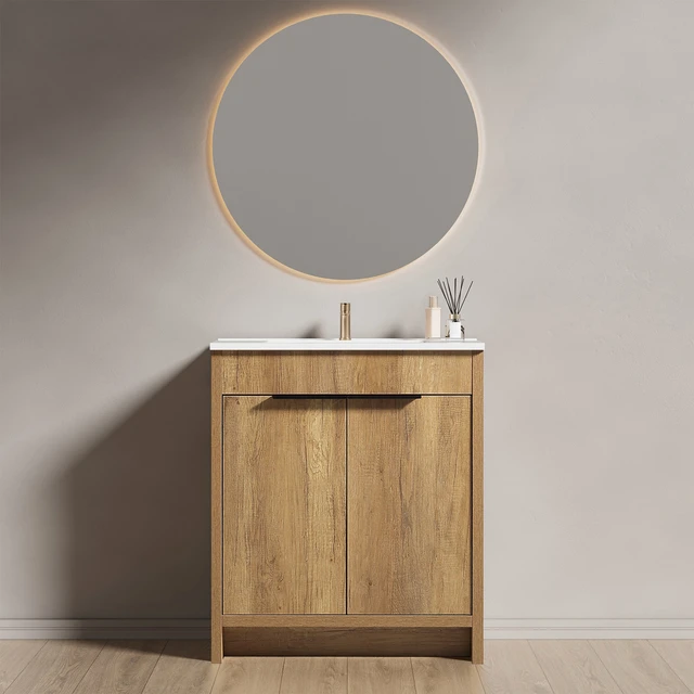 Alt view image 2 of 7 - 30 Inch Vanity Cabinet with Engineered Stone Sink Freestanding Vanity with Doors, Drain Faucet, Golden Oak, MDF