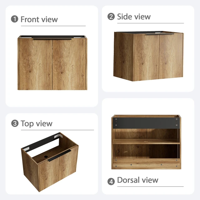 Alt view image 7 of 7 - 30 Inch Vanity Cabinet with Engineered Stone Sink Oak Wall Mounted Floating Vanity with Doors, Drain Faucet, Golden