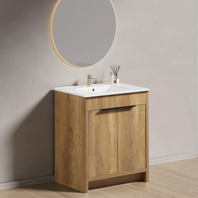 Main image of 30 Inch Vanity Cabinet with Engineered Stone Sink Freestanding Vanity with Doors, Drain Faucet, Golden Oak, MDF