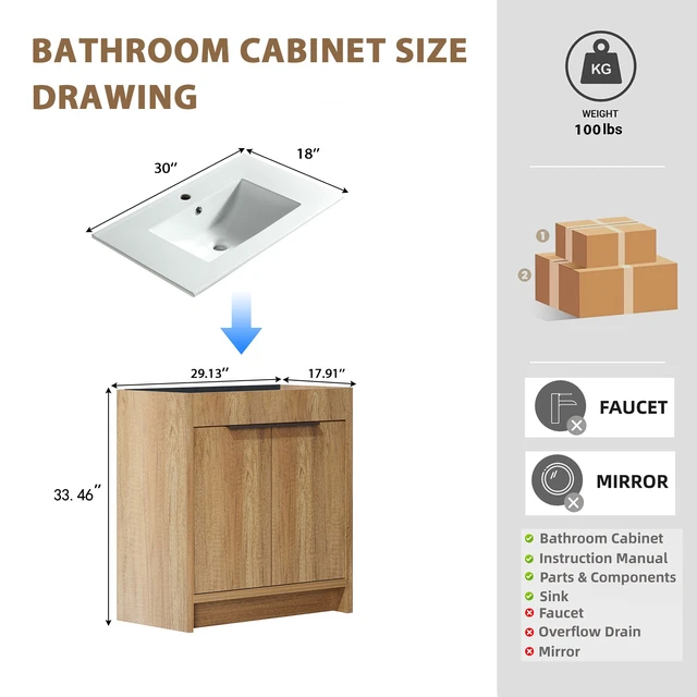 Alt view image 7 of 7 - 30 Inch Vanity Cabinet with Engineered Stone Sink Freestanding Vanity with Doors, Drain Faucet, Golden Oak, MDF