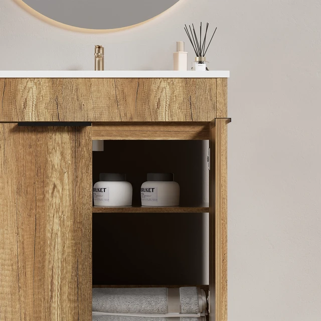 Alt view image 5 of 7 - 30 Inch Vanity Cabinet with Engineered Stone Sink Freestanding Vanity with Doors, Drain Faucet, Golden Oak, MDF