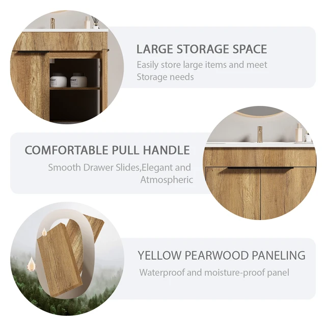 Alt view image 6 of 7 - 30 Inch Vanity Cabinet with Engineered Stone Sink Freestanding Vanity with Doors, Drain Faucet, Golden Oak, MDF