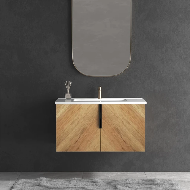 Alt view image 2 of 7 - 30 Inch Vanity Cabinet with Engineered Stone Sink Oak Wall Mounted Floating Vanity with Doors, Drain Faucet, Golden