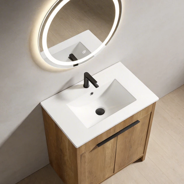 Alt view image 3 of 7 - 30 Inch Vanity Cabinet with Engineered Stone Sink Freestanding Vanity with Doors, Drain Faucet, Golden Oak, MDF