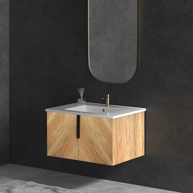Main image of 30 Inch Vanity Cabinet with Engineered Stone Sink Oak Wall Mounted Floating Vanity with Doors, Drain Faucet, Golden