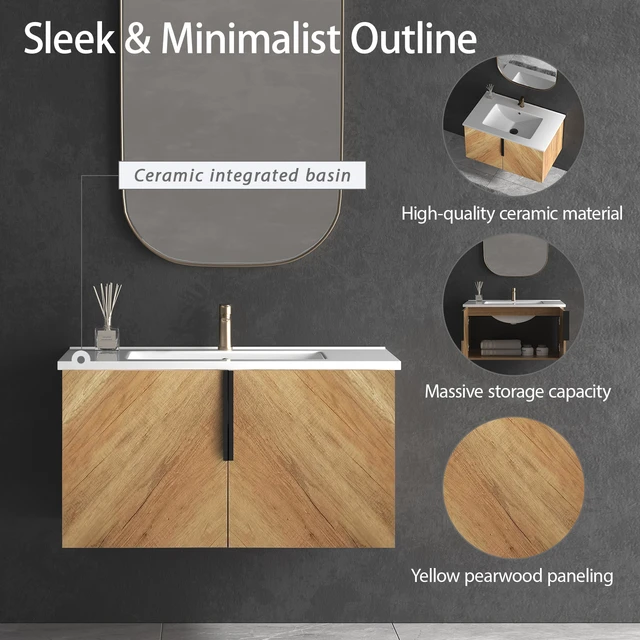 Alt view image 4 of 7 - 30 Inch Vanity Cabinet with Engineered Stone Sink Oak Wall Mounted Floating Vanity with Doors, Drain Faucet, Golden