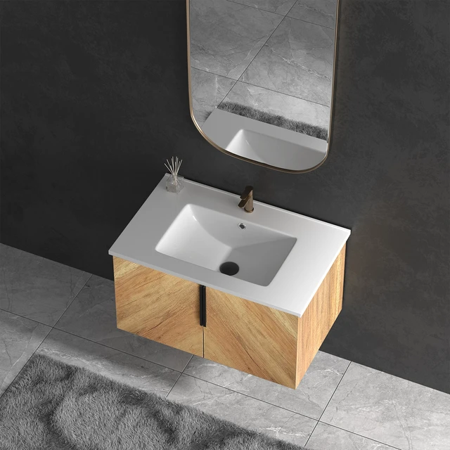 Alt view image 3 of 7 - 30 Inch Vanity Cabinet with Engineered Stone Sink Oak Wall Mounted Floating Vanity with Doors, Drain Faucet, Golden