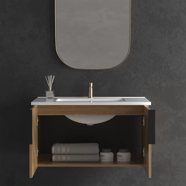 Alt view image 5 of 7 - 30 Inch Vanity Cabinet with Engineered Stone Sink Oak Wall Mounted Floating Vanity with Doors, Drain Faucet, Golden
