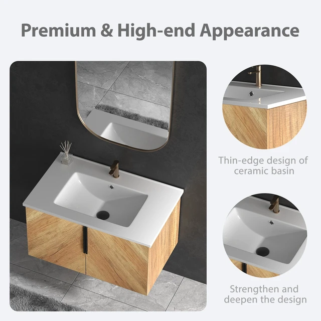 Alt view image 7 of 7 - 30 Inch Vanity Cabinet with Engineered Stone Sink Oak Wall Mounted Floating Vanity with Doors, Drain Faucet, Golden