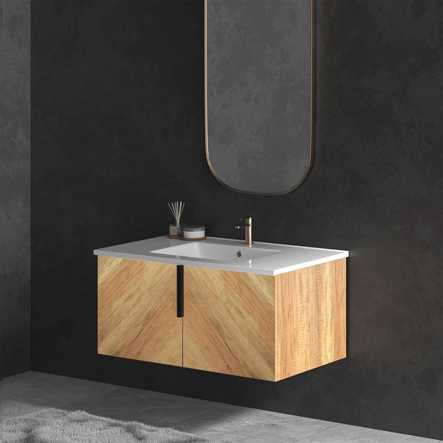 Main image of 36 Inch Vanity Cabinet with Engineered Stone Sink Oak Wall Mounted Floating Vanity with Doors, Drain Faucet, Golden