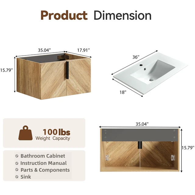 Alt view image 4 of 7 - 36 Inch Vanity Cabinet with Engineered Stone Sink Oak Wall Mounted Floating Vanity with Doors, Drain Faucet, Golden
