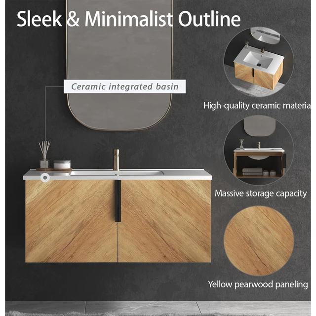 Alt view image 3 of 7 - 36 Inch Vanity Cabinet with Engineered Stone Sink Oak Wall Mounted Floating Vanity with Doors, Drain Faucet, Golden