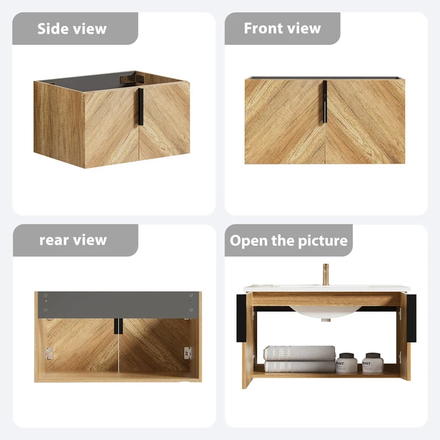 Alt view image 5 of 7 - 36 Inch Vanity Cabinet with Engineered Stone Sink Oak Wall Mounted Floating Vanity with Doors, Drain Faucet, Golden