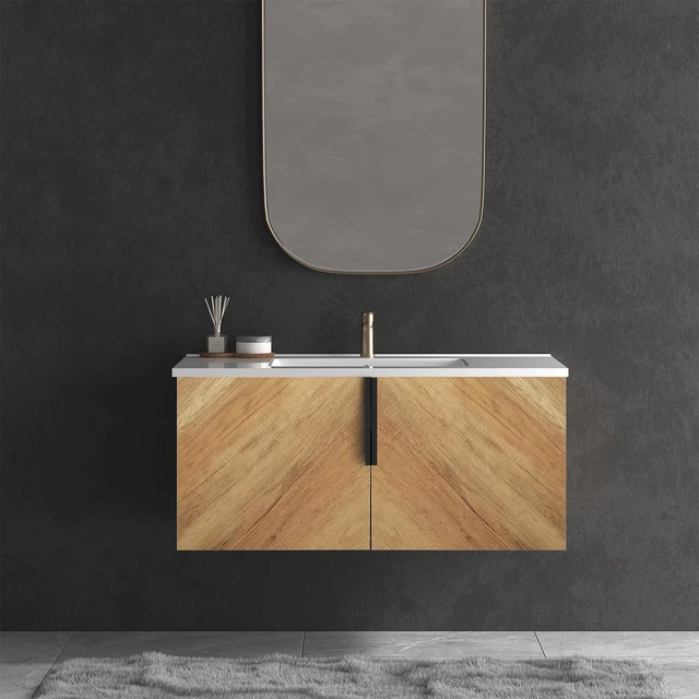 Alt view image 2 of 7 - 36 Inch Vanity Cabinet with Engineered Stone Sink Oak Wall Mounted Floating Vanity with Doors, Drain Faucet, Golden