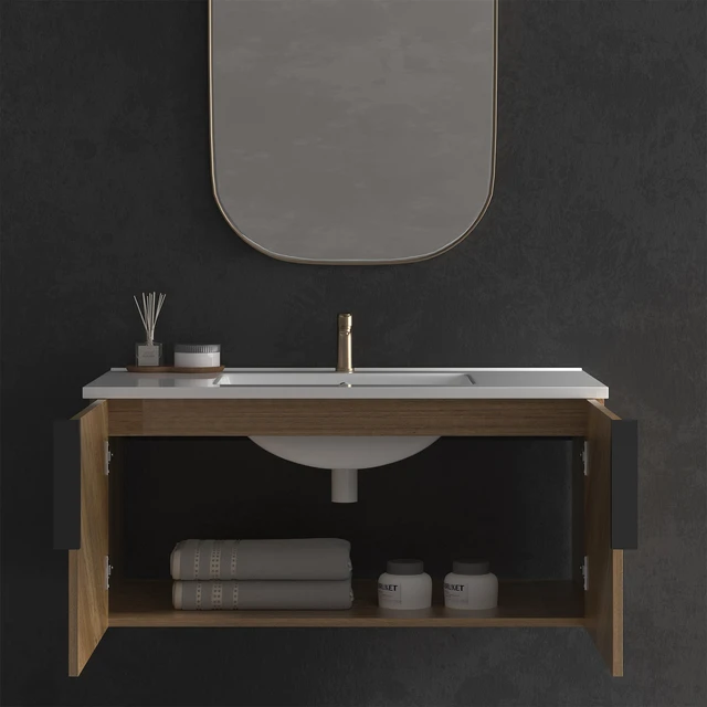 Alt view image 6 of 7 - 36 Inch Vanity Cabinet with Engineered Stone Sink Oak Wall Mounted Floating Vanity with Doors, Drain Faucet, Golden