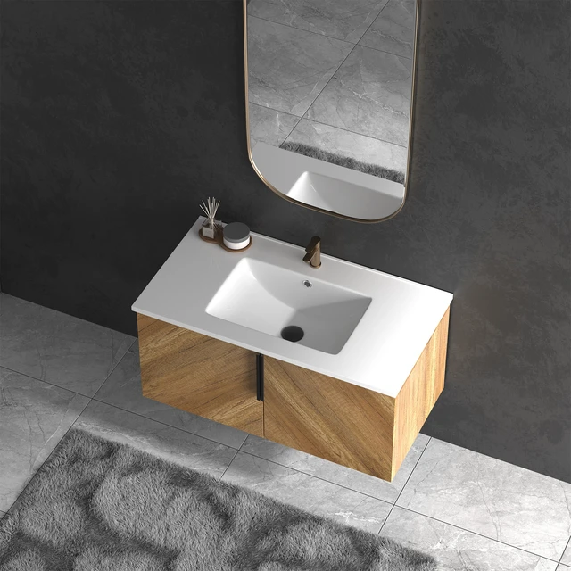 Alt view image 7 of 7 - 36 Inch Vanity Cabinet with Engineered Stone Sink Oak Wall Mounted Floating Vanity with Doors, Drain Faucet, Golden