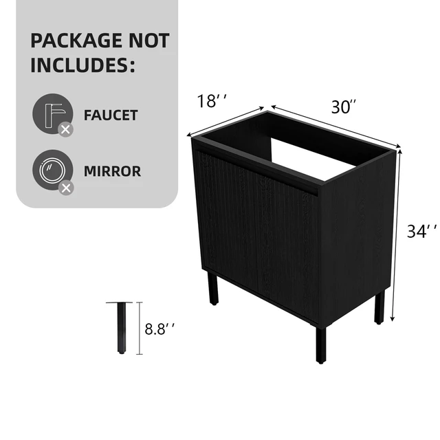 Alt view image 5 of 7 - 36 Inch Vanity Cabinet with Ceramic Sink Freestanding Fluted Vanity with Doors, Without Faucet and Drain, Matt Black