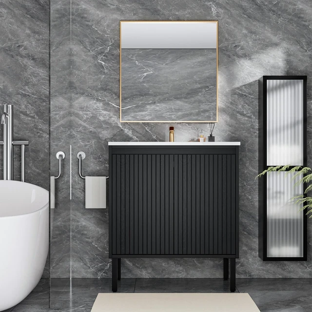 Alt view image 3 of 5 - 36 Inch Vanity Cabinet Without Sink Freestanding Fluted Vanity with Doors, Matt Black, MDF, Vanities