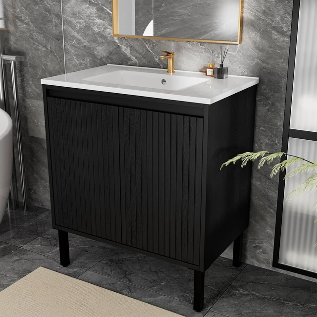 Alt view image 2 of 5 - 36 Inch Vanity Cabinet Without Sink Freestanding Fluted Vanity with Doors, Matt Black, MDF, Vanities