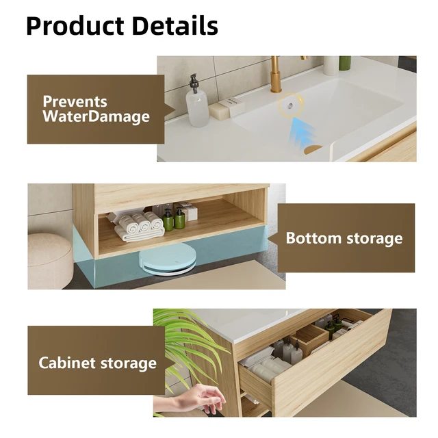 Alt view image 3 of 7 - 30 Inch Vanity Cabinet with Ceramic Sink Oak Wall Mounted Floating Vanity with Drawers, Without Faucet and Drain, MDF