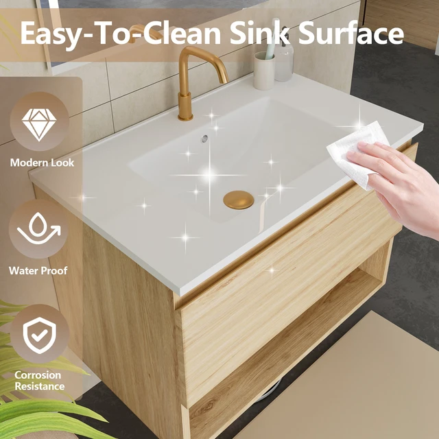 Alt view image 2 of 7 - 30 Inch Vanity Cabinet with Ceramic Sink Oak Wall Mounted Floating Vanity with Drawers, Without Faucet and Drain, MDF